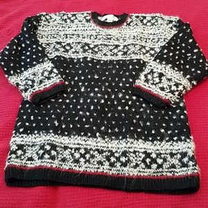 Jones New York Black, White and Red Trim Nordic Crew Neck Sweater